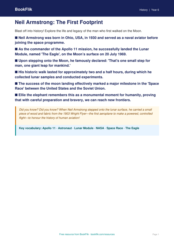 Free Neil Armstrong Poster | Year 6 Core | BookFlik worksheet preview — History Neil Armstrong