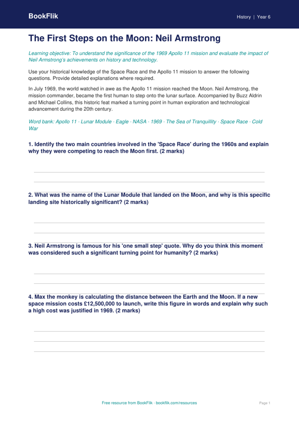 Free Neil Armstrong Worksheet | Year 6 History | BookFlik