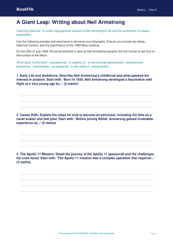 Free Neil Armstrong Writing Frame | Year 6 Core | BookFlik
