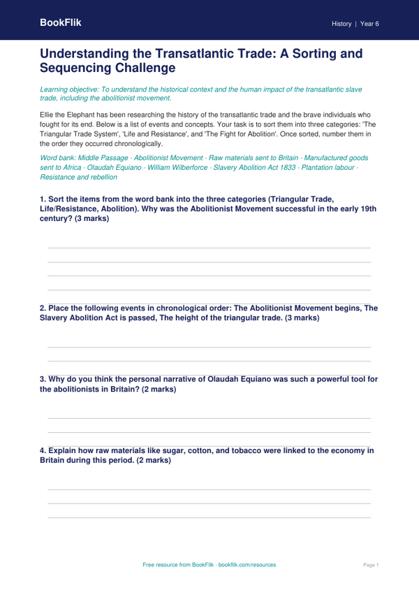 Free Slavery Activity Sheet | Year 6 Core | BookFlik