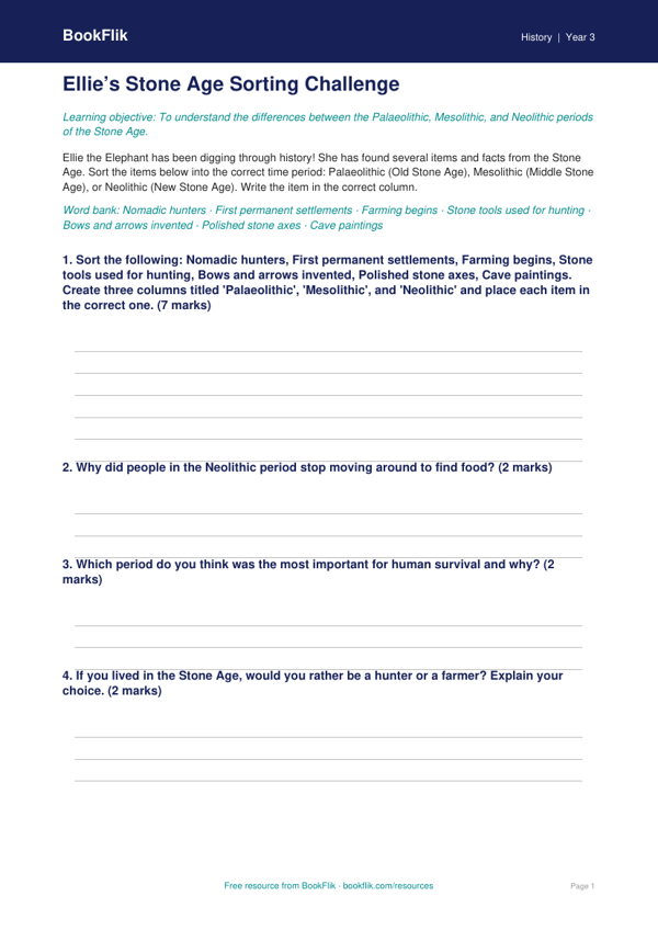 Free Stone Age Activity Sheet | Year 3 Core | BookFlik worksheet preview — History Stone Age