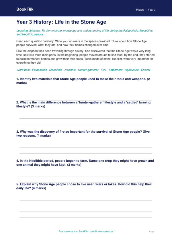 Free Stone Age Assessment | Year 3 Core | BookFlik worksheet preview — History Stone Age