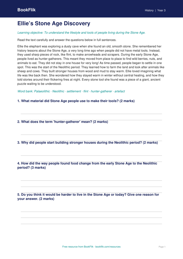 Free Stone Age Comprehension | Year 3 Core | BookFlik worksheet preview — History Stone Age