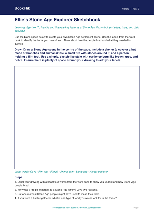 Free Stone Age Drawing Sheet | Year 3 History | BookFlik worksheet preview — History Stone Age