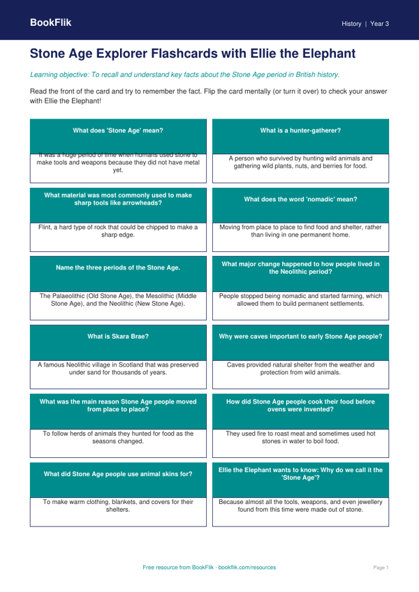 Free Stone Age Flashcards | Year 3 History Resources | BookFlik worksheet preview — History Stone Age
