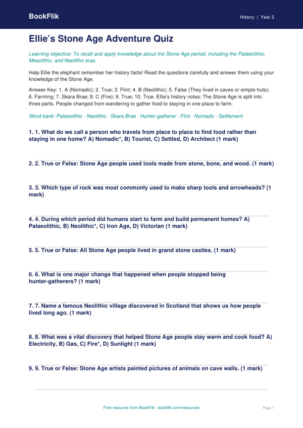 Free Stone Age Quiz | Year 3 Core | BookFlik worksheet preview — History Stone Age