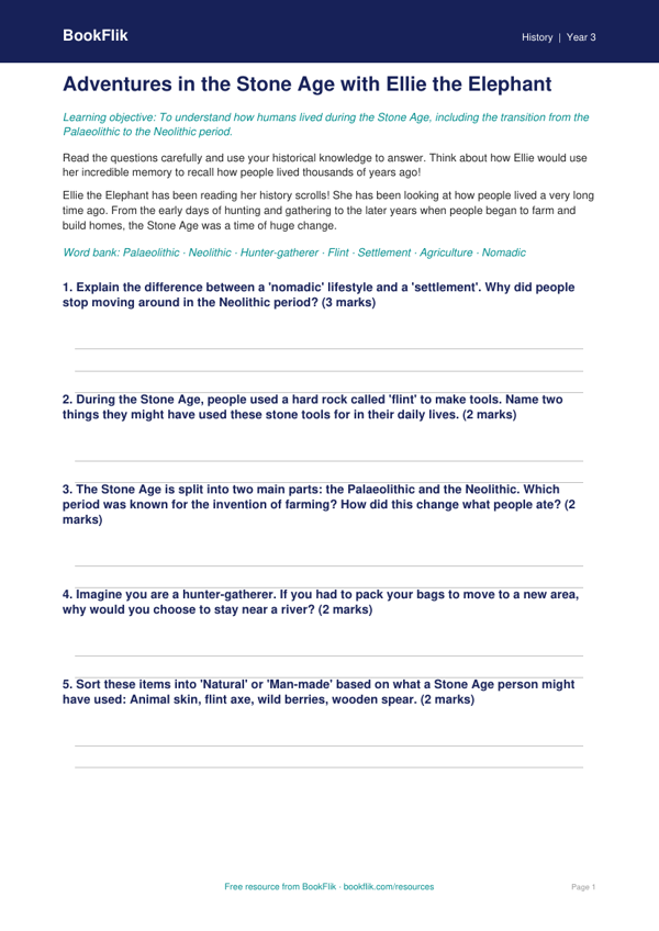 Free Stone Age Worksheet | Year 3 Core | BookFlik worksheet preview — History Stone Age