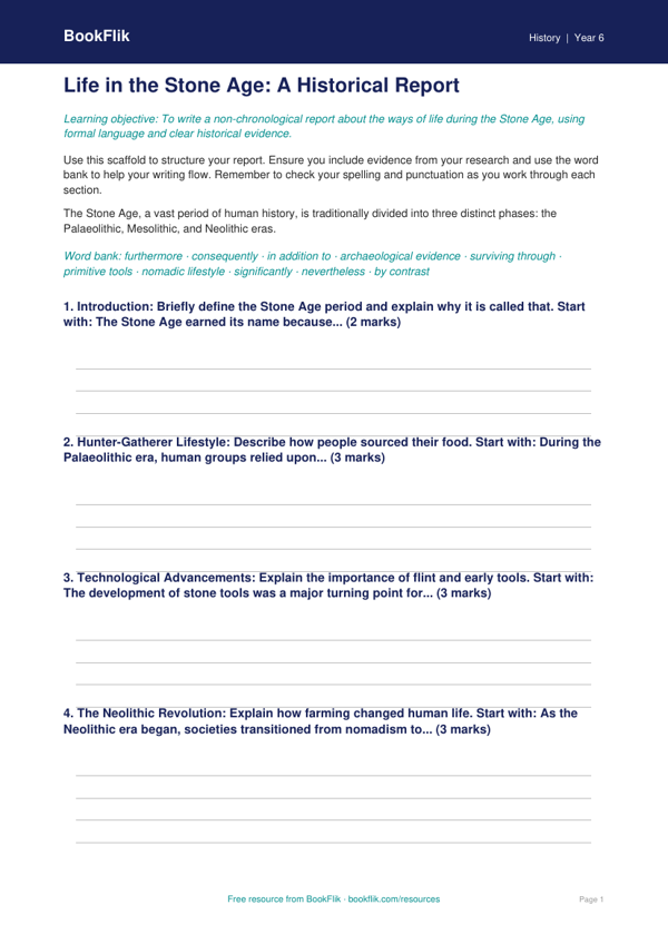 Free Stone Age Writing Frame | Year 6 Core | BookFlik