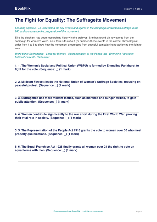 Free Suffragettes Activity Sheet | Year 6 Core | BookFlik