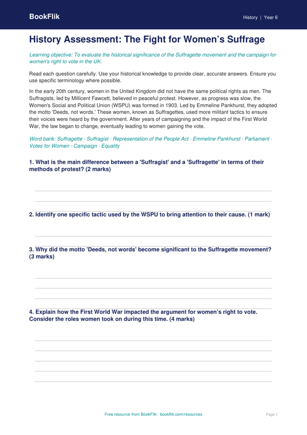 Free Suffragettes Assessment | Year 6 Core | BookFlik