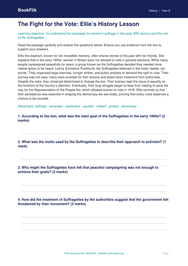 Free Suffragettes Comprehension | Year 6 Core | BookFlik
