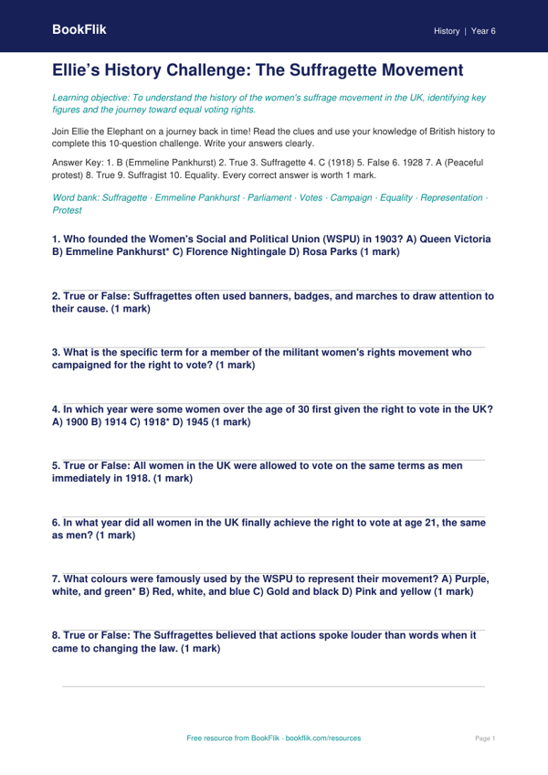 Free Suffragettes Quiz | Year 6 Core | BookFlik