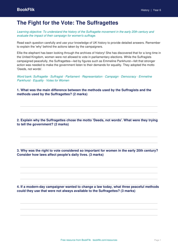 Free Suffragettes Worksheet | Year 6 History | BookFlik