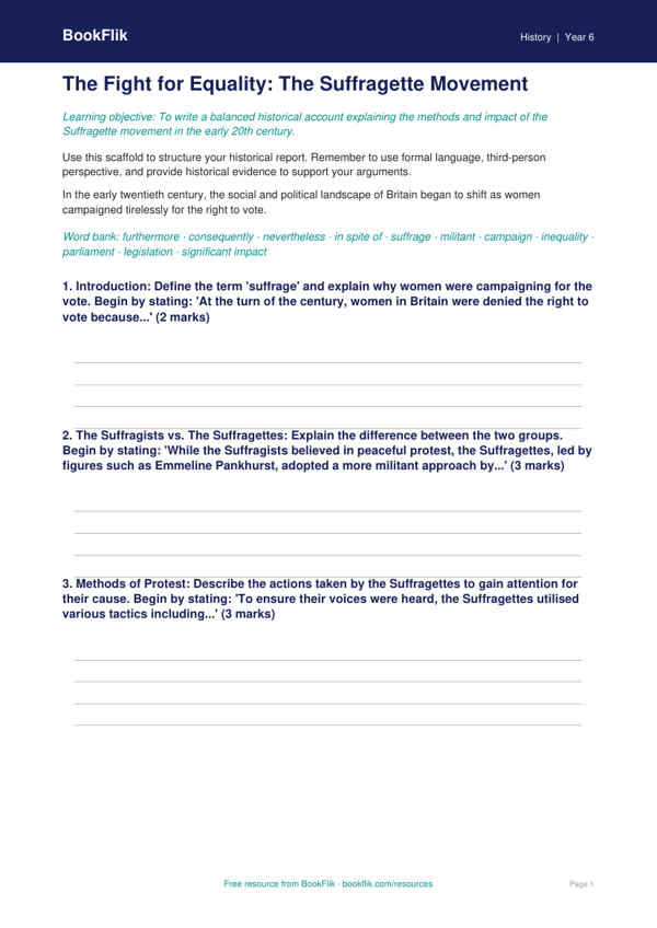 Free Suffragettes Writing Frame | Year 6 Core | BookFlik