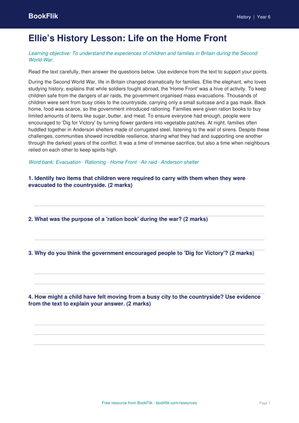 Free WW2 Comprehension Worksheet | Year 6 History | BookFlik