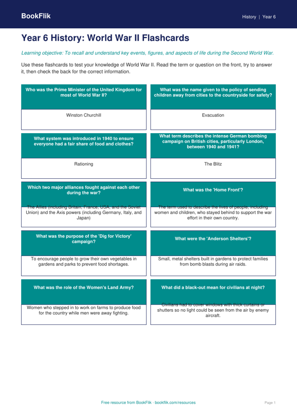 Free WW2 Flashcards | Year 6 History Resources | BookFlik