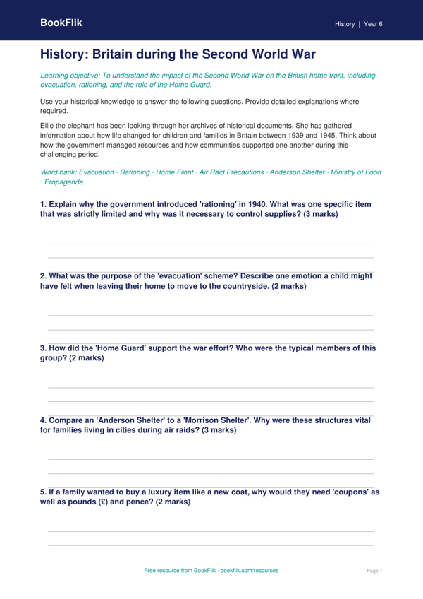 Free WW2 Worksheet | Year 6 History Resource | BookFlik