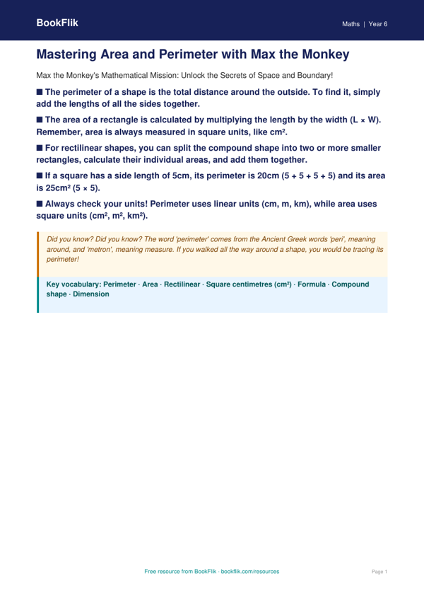 Free Area And Perimeter Poster | Year 6 Core | BookFlik worksheet preview — Maths Area And Perimeter