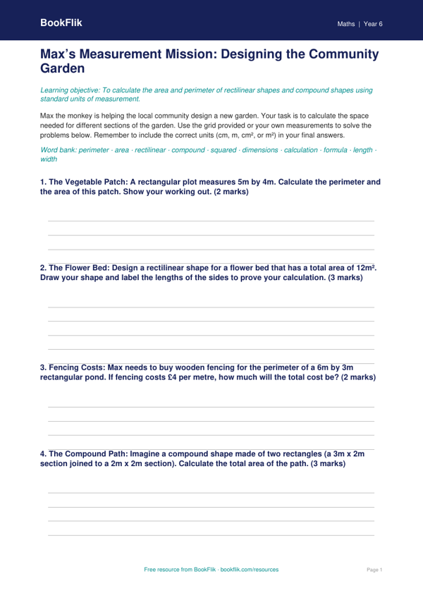 Free Area And Perimeter Template | Year 6 Core | BookFlik worksheet preview — Maths Area And Perimeter