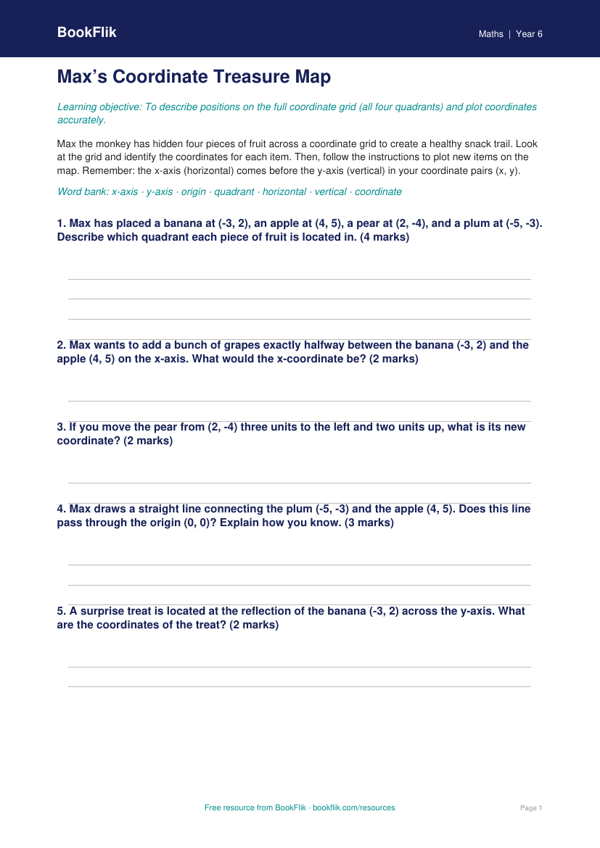 Free Coordinates Activity Sheet | Year 6 Core | BookFlik worksheet preview — Maths Coordinates