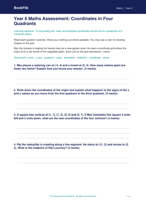 Free Coordinates Assessment | Year 6 Core | BookFlik worksheet preview — Maths Coordinates