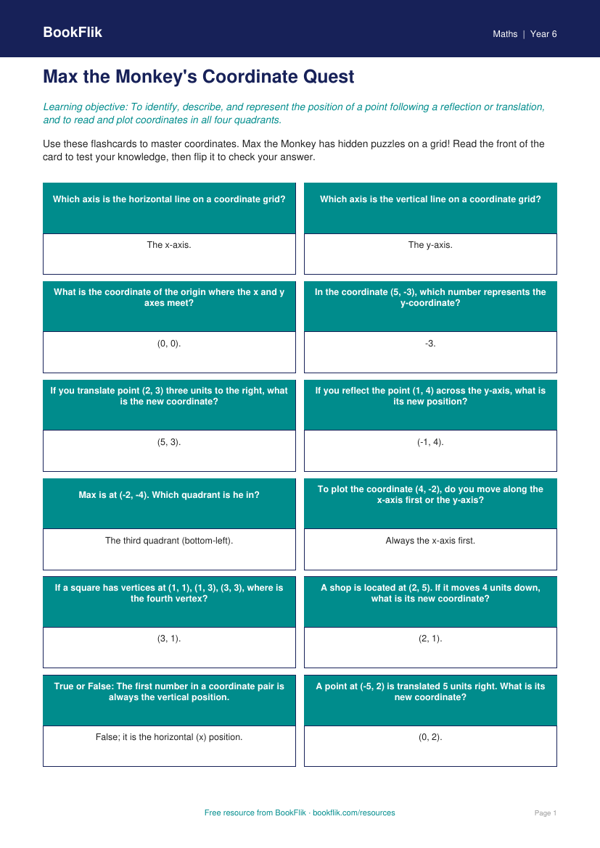 Free Coordinates Flashcards | Year 6 Core | BookFlik worksheet preview — Maths Coordinates