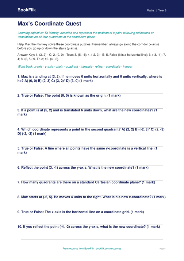 Free Coordinates Quiz | Year 6 Core | BookFlik worksheet preview — Maths Coordinates