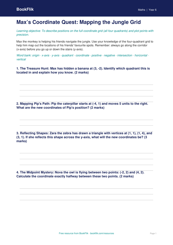 Free Coordinates Template | Year 6 Core | BookFlik worksheet preview — Maths Coordinates
