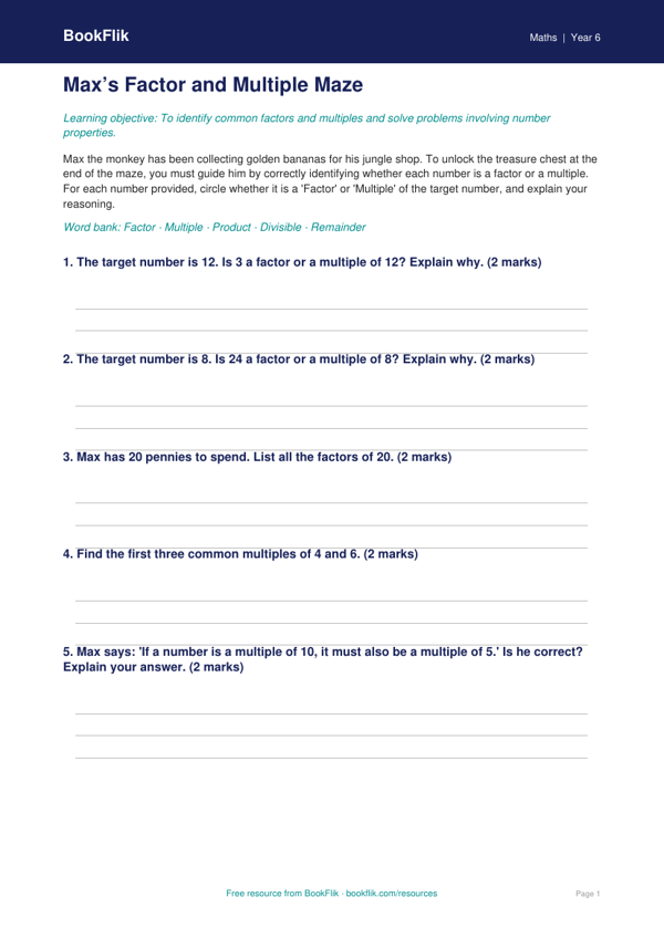 Free Factors And Multiples Activity Sheet | Year 6 Core | BookFlik worksheet preview — Maths Factors And Multiples