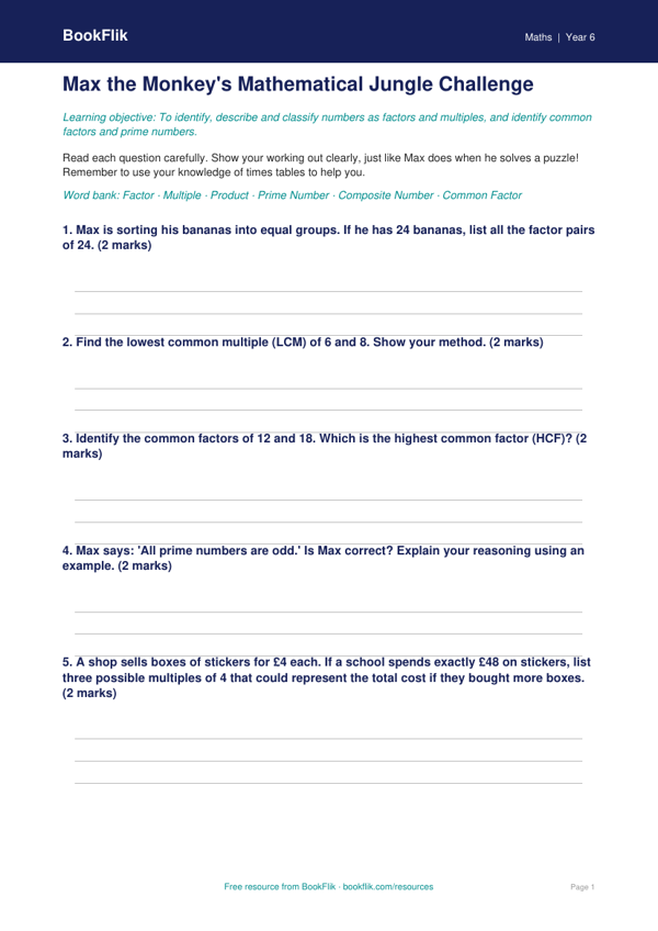 Free Factors And Multiples Worksheet | Year 6 Core | BookFlik worksheet preview — Maths Factors And Multiples