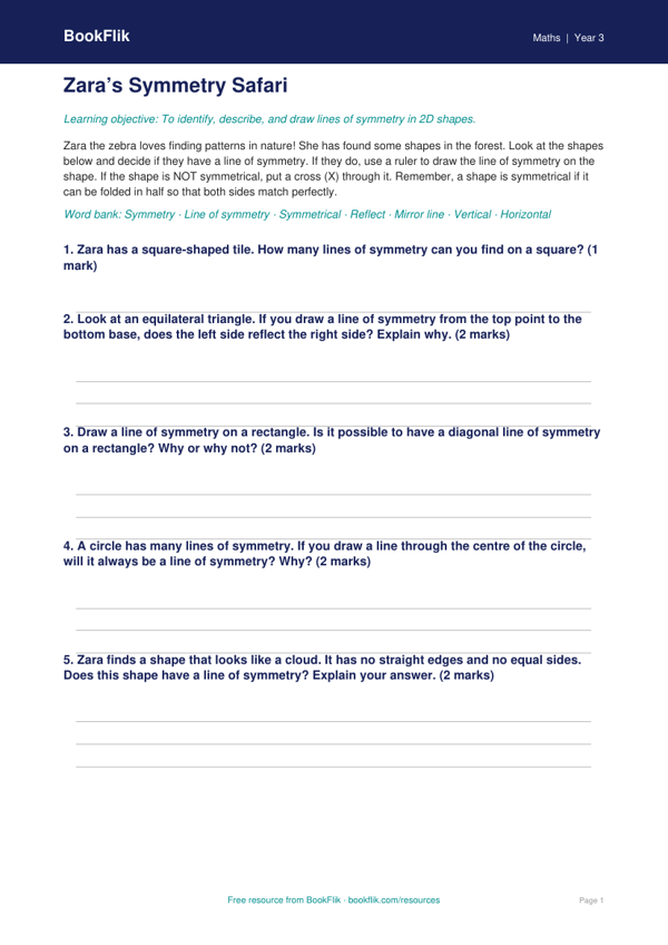 Free Symmetry Activity Sheet | Year 3 Core | BookFlik worksheet preview — Maths Symmetry