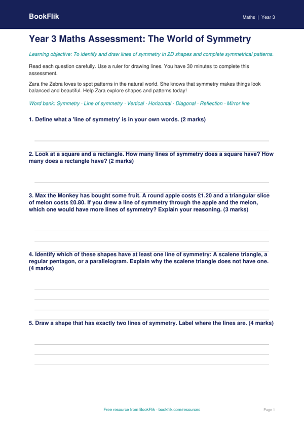 Free Symmetry Assessment | Year 3 Core | BookFlik worksheet preview — Maths Symmetry