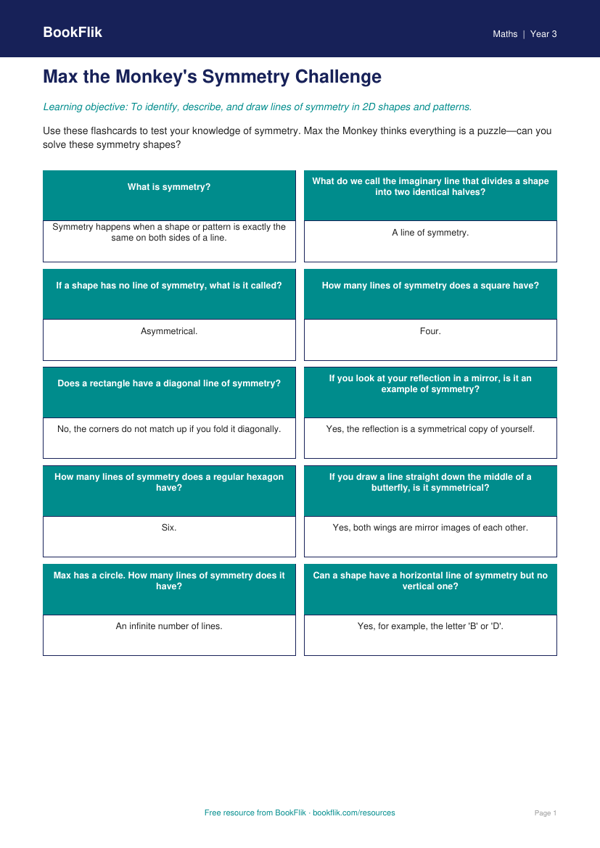 Free Symmetry Flashcards | Year 3 Core | BookFlik worksheet preview — Maths Symmetry
