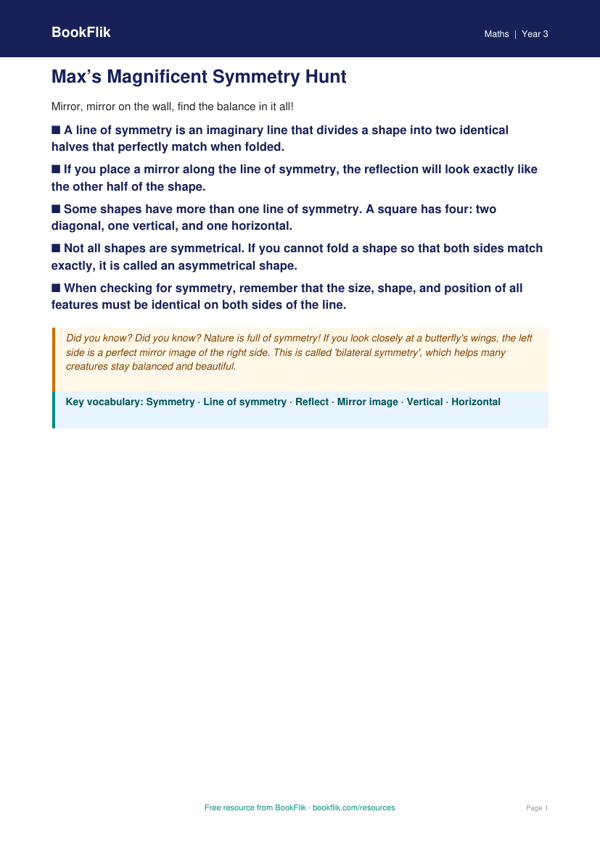 Free Symmetry Poster | Year 3 Core | BookFlik worksheet preview — Maths Symmetry