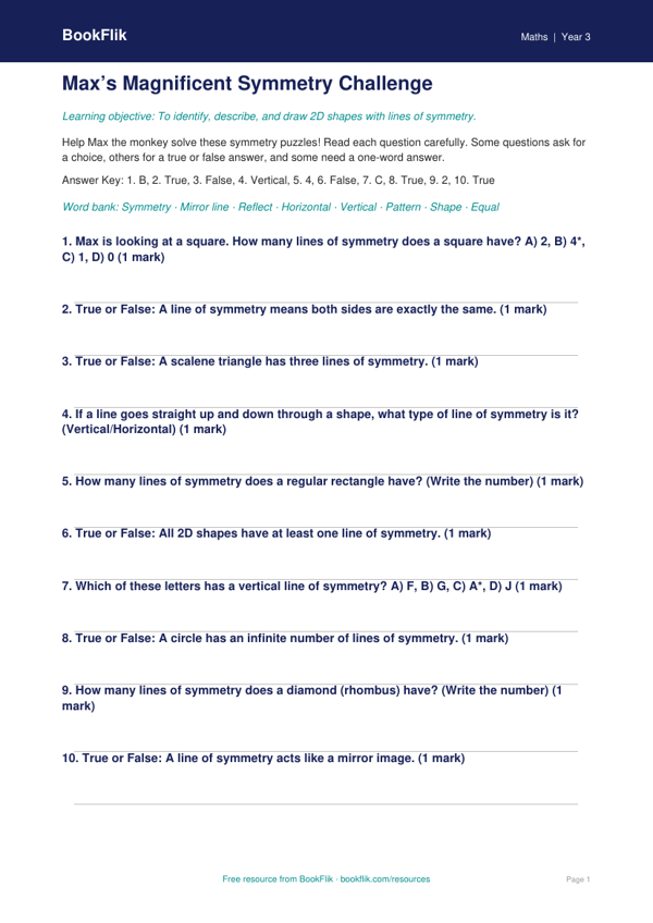 Free Symmetry Quiz | Year 3 Core | BookFlik worksheet preview — Maths Symmetry