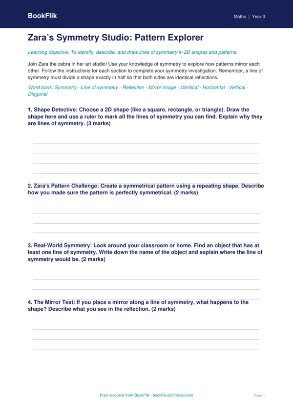 Free Symmetry Template | Year 3 Core | BookFlik worksheet preview — Maths Symmetry