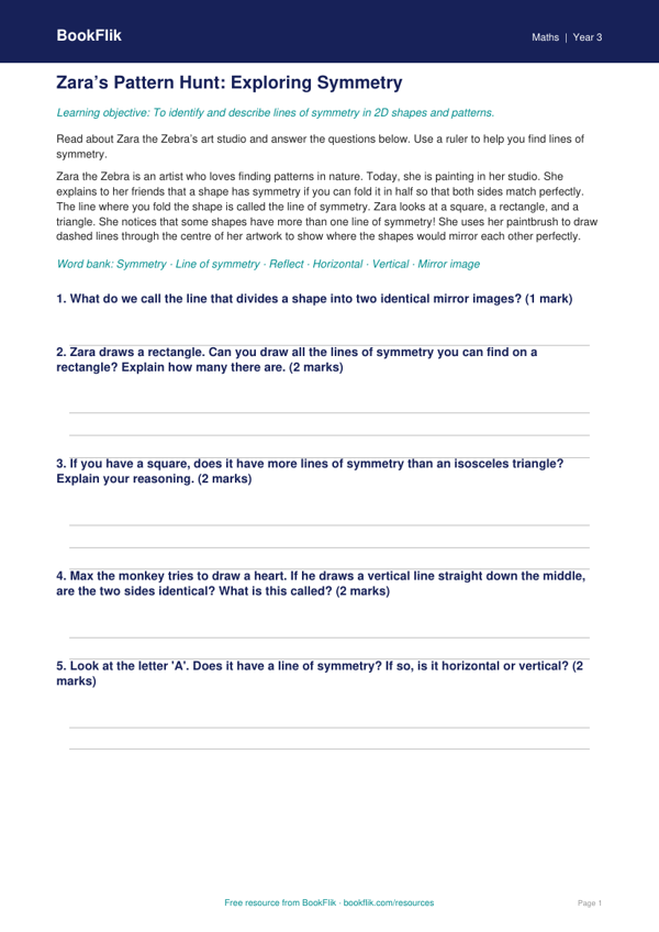 Free Symmetry Worksheet for Year 3 | Math Practice | BookFlik worksheet preview — Maths Symmetry