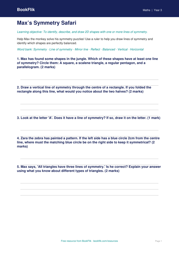 Free Symmetry Worksheet | Year 3 Core | BookFlik worksheet preview — Maths Symmetry