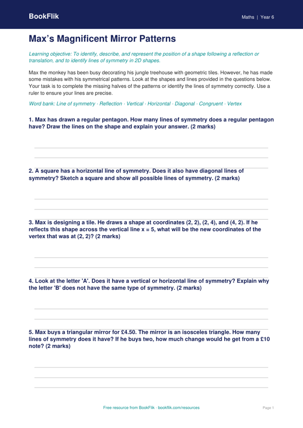 Free Symmetry Activity Sheet | Year 6 Core | BookFlik worksheet preview — Maths Symmetry