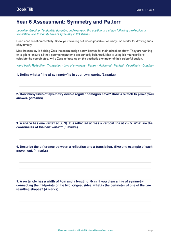 Free Symmetry Assessment | Year 6 Core | BookFlik worksheet preview — Maths Symmetry