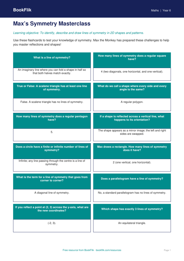 Free Symmetry Flashcards | Year 6 Core | BookFlik worksheet preview — Maths Symmetry