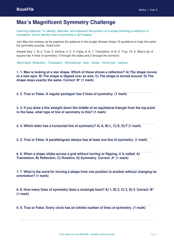 Free Symmetry Quiz | Year 6 Core | BookFlik worksheet preview — Maths Symmetry