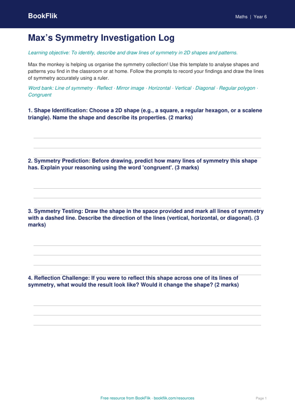 Free Symmetry Template | Year 6 Core | BookFlik worksheet preview — Maths Symmetry