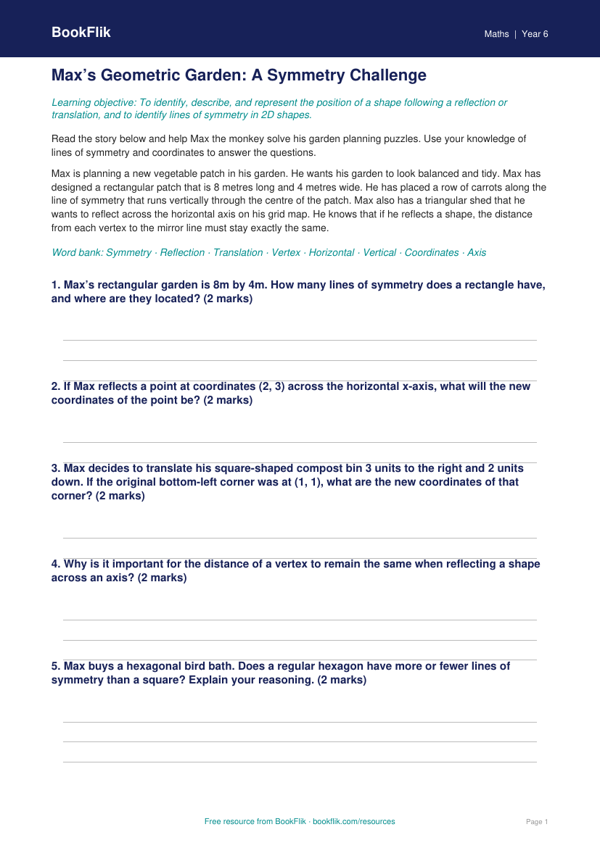 Free Symmetry Worksheet | Year 6 Math Practice | BookFlik worksheet preview — Maths Symmetry