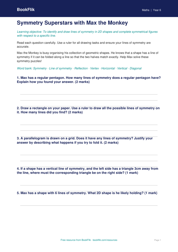 Free Symmetry Worksheet | Year 6 Core | BookFlik worksheet preview — Maths Symmetry