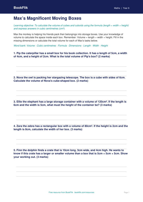 Free Volume Activity Sheet | Year 6 Core | BookFlik worksheet preview — Maths Volume