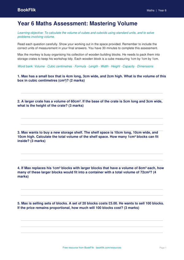 Free Volume Assessment | Year 6 Core | BookFlik worksheet preview — Maths Volume