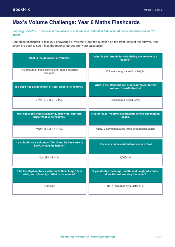 Free Volume Flashcards | Year 6 Core | BookFlik worksheet preview — Maths Volume