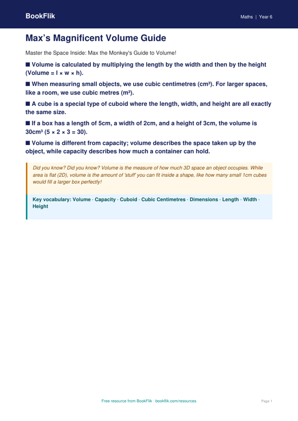 Free Volume Poster | Year 6 Core | BookFlik worksheet preview — Maths Volume