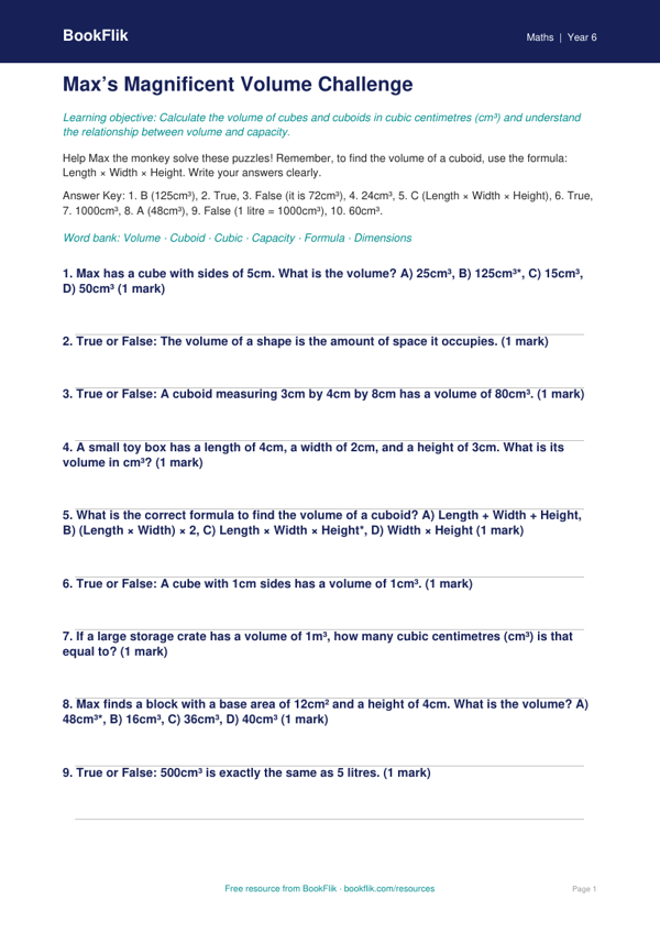 Free Volume Quiz | Year 6 Core | BookFlik worksheet preview — Maths Volume